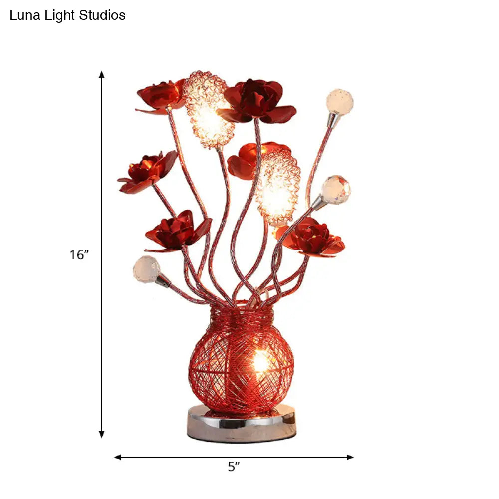 Red Led Flower Lamp With Entwining Metal Branch And Jar Base - Nightstand Décor Table Lighting