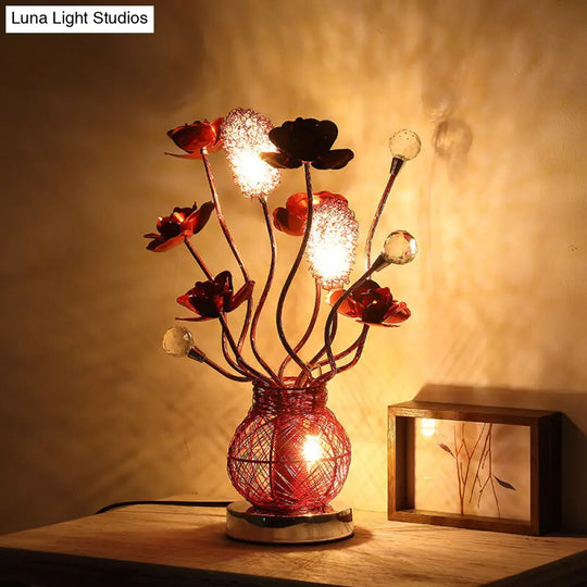 Red Led Flower Lamp With Entwining Metal Branch And Jar Base - Nightstand Décor Table Lighting