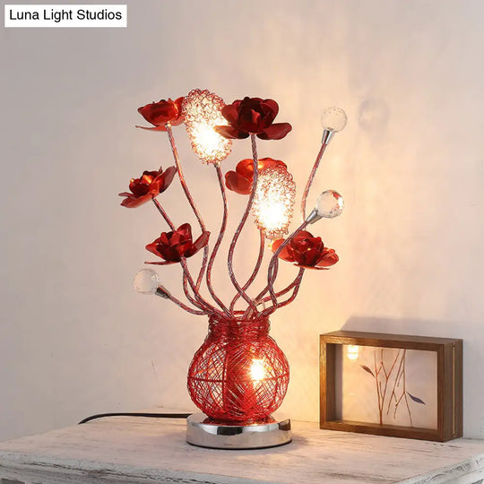 Red Led Flower Lamp With Entwining Metal Branch And Jar Base - Nightstand Décor Table Lighting