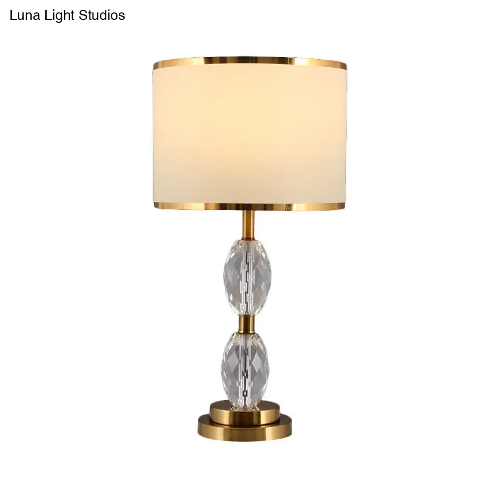 Crystal Table Lamp With Fabric Drum Shade - Elegant Nightstand Light For Traditional Drawing Room