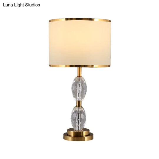 Crystal Table Lamp With Fabric Drum Shade - Elegant Nightstand Light For Traditional Drawing Room