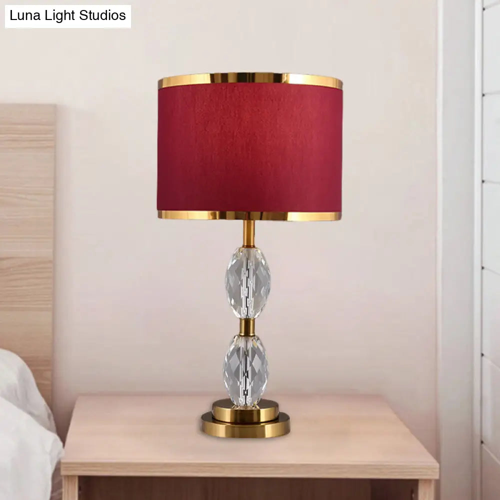 Crystal Table Lamp With Fabric Drum Shade - Elegant Nightstand Light For Traditional Drawing Room