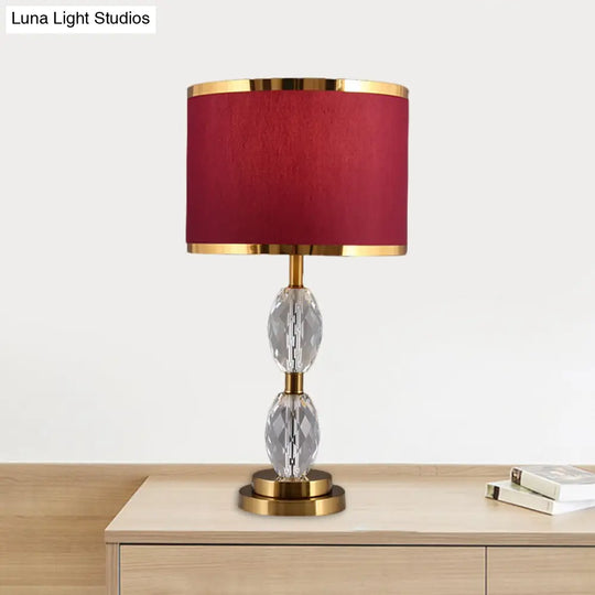 Crystal Table Lamp With Fabric Drum Shade - Elegant Nightstand Light For Traditional Drawing Room