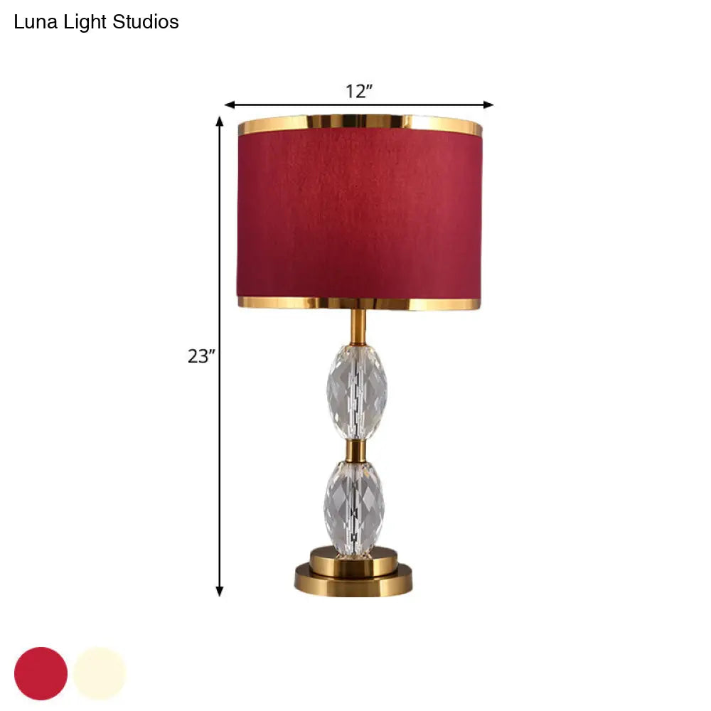 Crystal Table Lamp With Fabric Drum Shade - Elegant Nightstand Light For Traditional Drawing Room