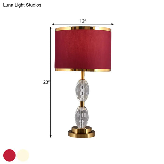 Crystal Table Lamp With Fabric Drum Shade - Elegant Nightstand Light For Traditional Drawing Room