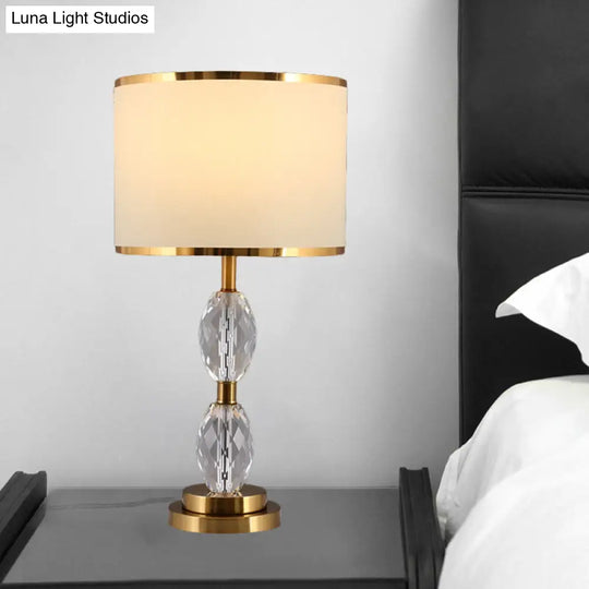 Crystal Table Lamp With Fabric Drum Shade - Elegant Nightstand Light For Traditional Drawing Room