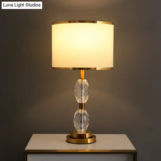 Crystal Table Lamp With Fabric Drum Shade - Elegant Nightstand Light For Traditional Drawing Room