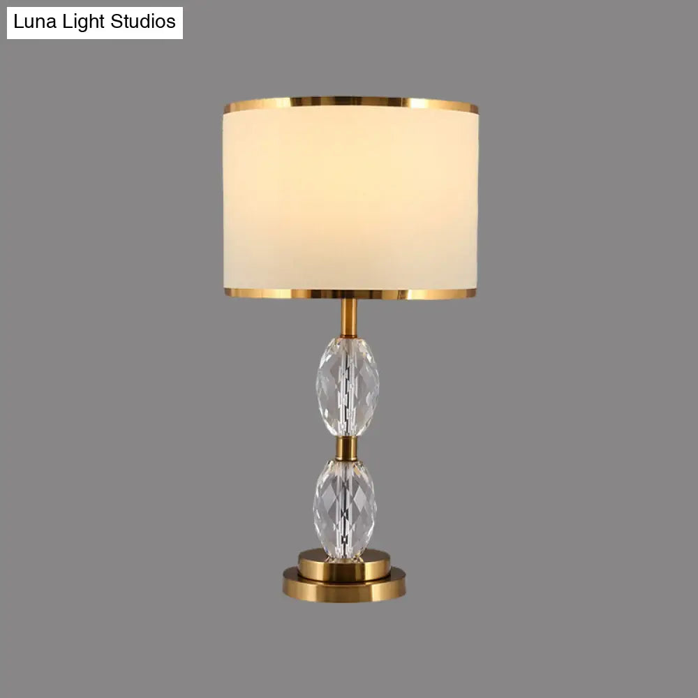 Crystal Table Lamp With Fabric Drum Shade - Elegant Nightstand Light For Traditional Drawing Room