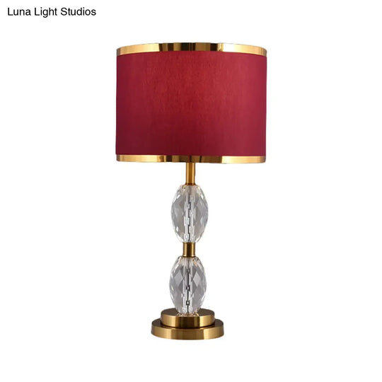 Crystal Table Lamp With Fabric Drum Shade - Elegant Nightstand Light For Traditional Drawing Room