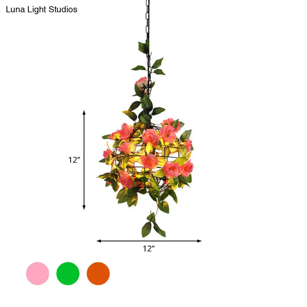 Industrial Maple Leaf/Rose/Plant Metal Pendant Light - Led Hanging Lamp Kit In Pink/Orange/Green