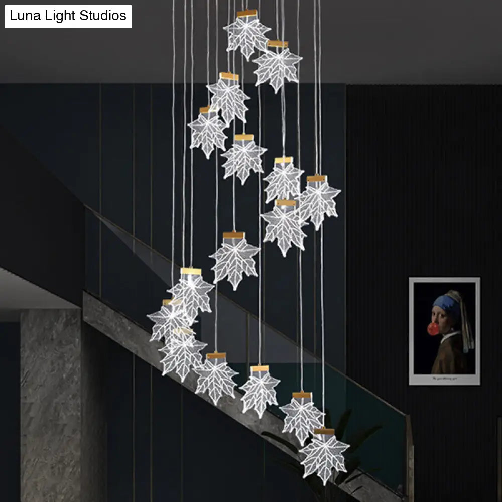 Acrylic Gold Led Pendant Lamp With Maple Leaf Cluster Design For Staircases