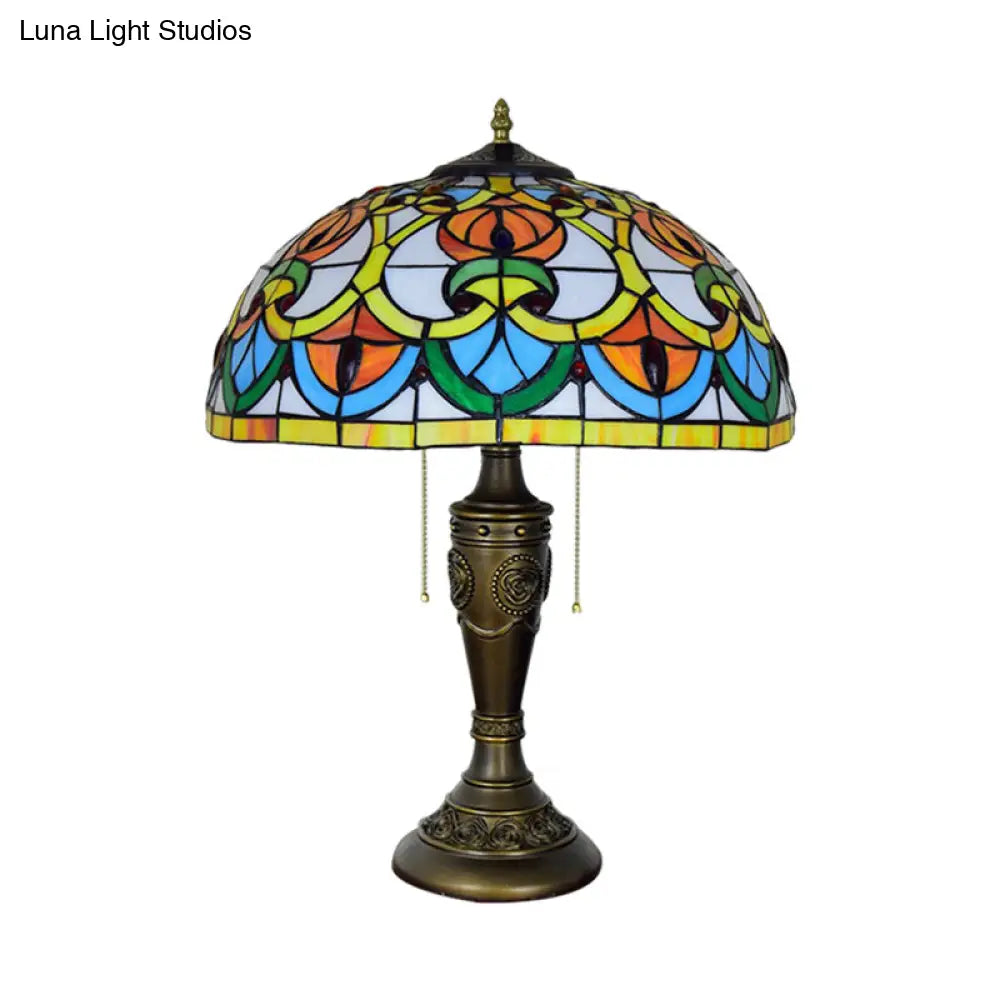 2-Light Tiffany Bronze Pull Chain Nightstand Lamp With Stained Art Glass Shade