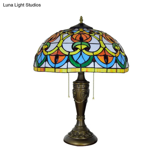 2-Light Tiffany Bronze Pull Chain Nightstand Lamp With Stained Art Glass Shade