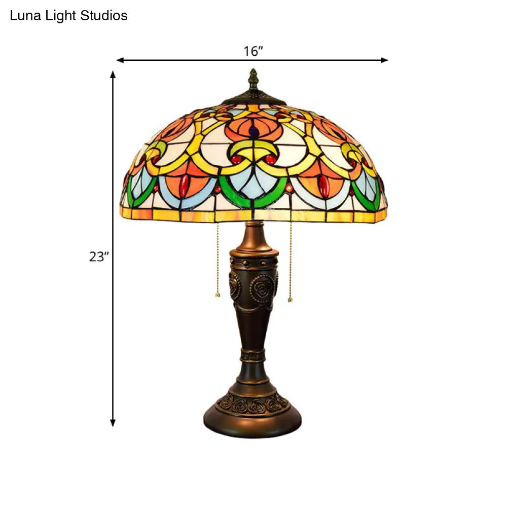 2-Light Tiffany Bronze Pull Chain Nightstand Lamp With Stained Art Glass Shade