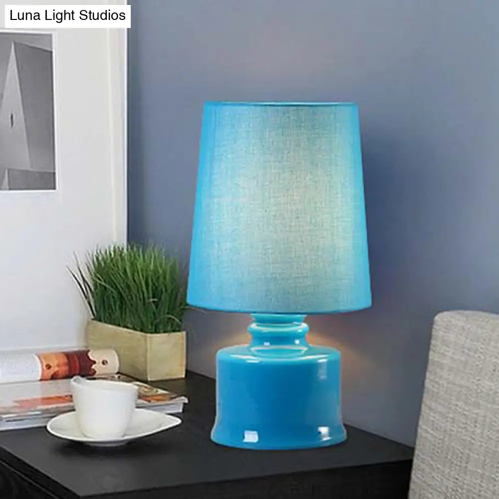 Mara - Macaron Fabric Cylindrical Night Lamp 1 Light Blue/Yellow/White Table With Drum Glass Base