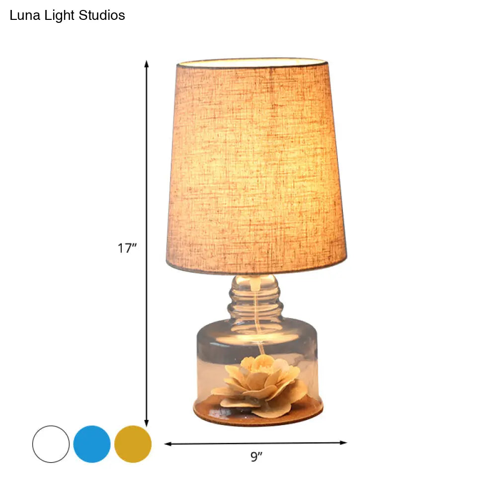 Mara - Macaron Fabric Cylindrical Night Lamp 1 Light Blue/Yellow/White Table With Drum Glass Base