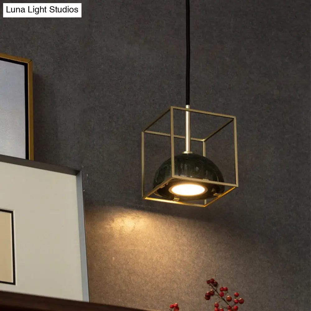 Stylish 1-Light Nordic Marble Pendant With Brass Square Frame