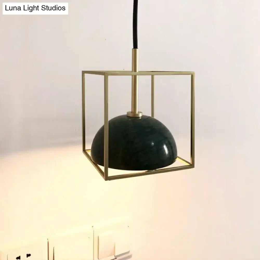 Stylish 1-Light Nordic Marble Pendant With Brass Square Frame Green