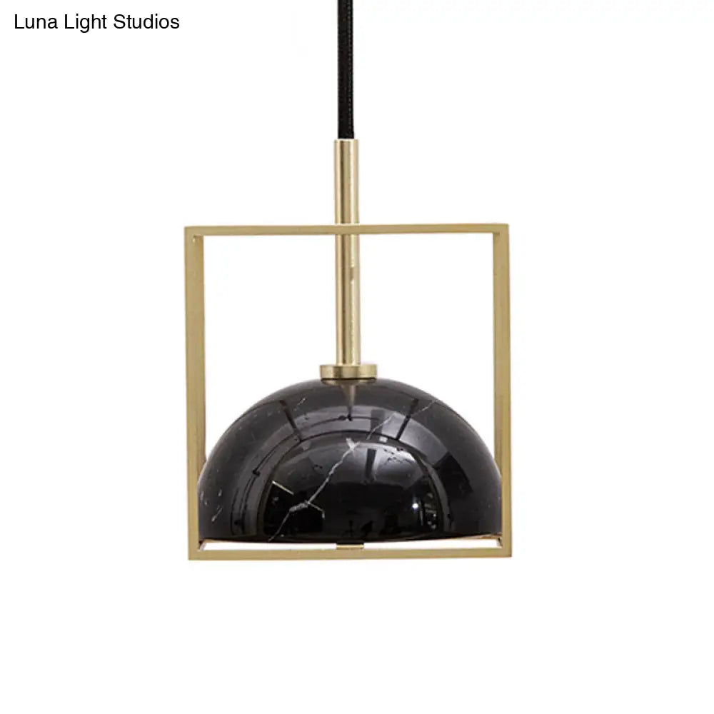 Stylish 1-Light Nordic Marble Pendant With Brass Square Frame