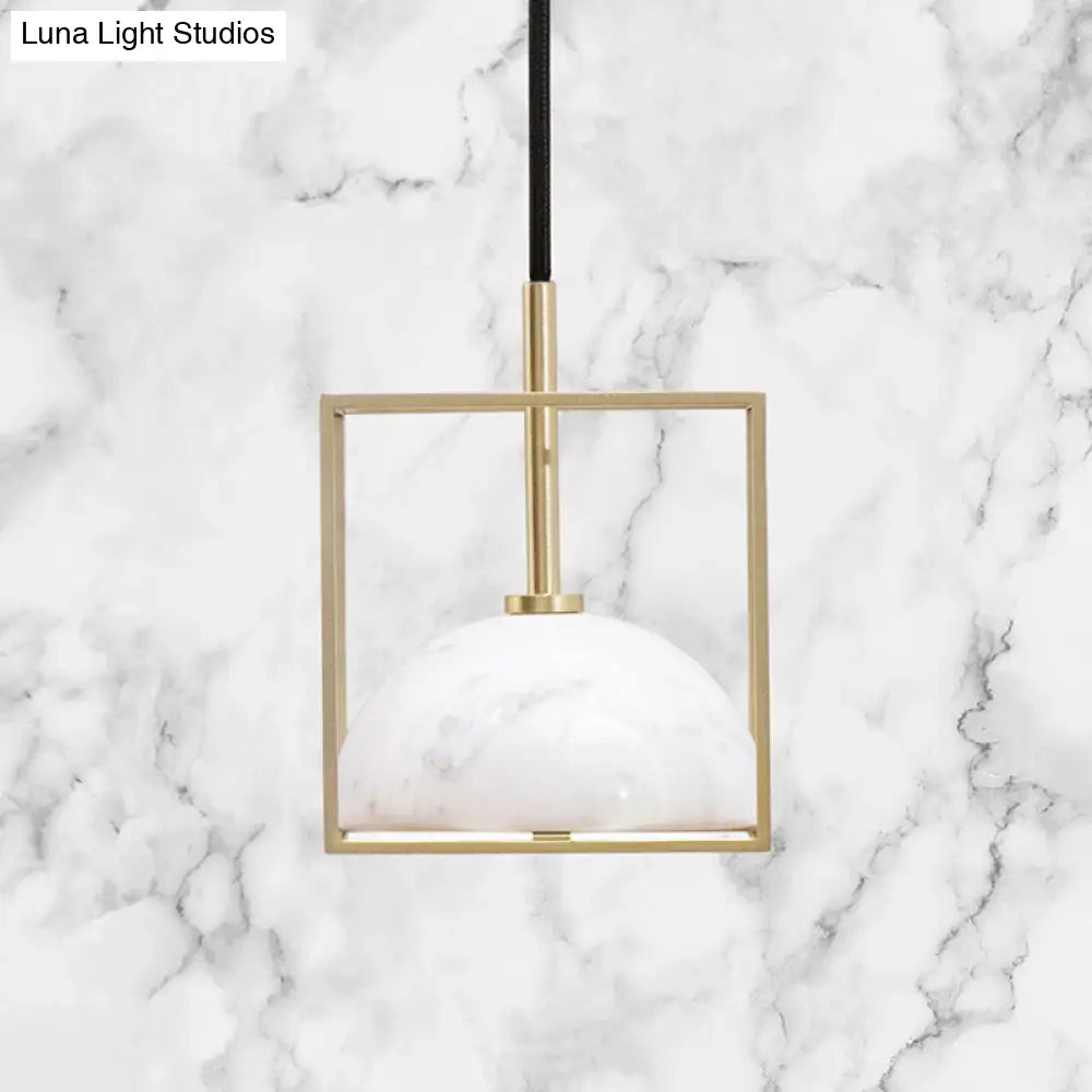 Stylish 1-Light Nordic Marble Pendant With Brass Square Frame