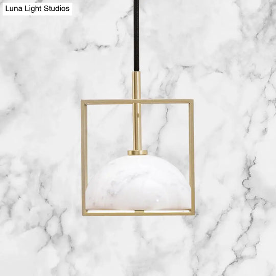 Stylish 1-Light Nordic Marble Pendant With Brass Square Frame