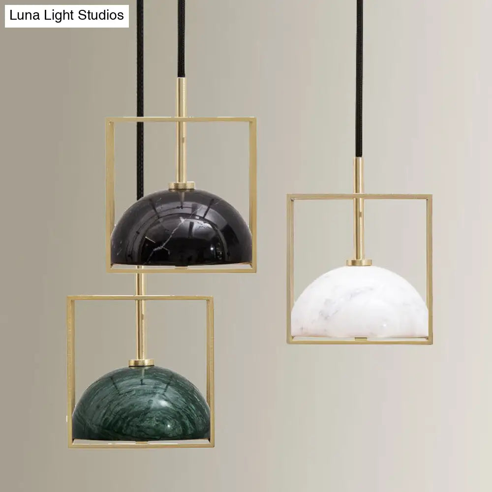 Stylish 1-Light Nordic Marble Pendant With Brass Square Frame