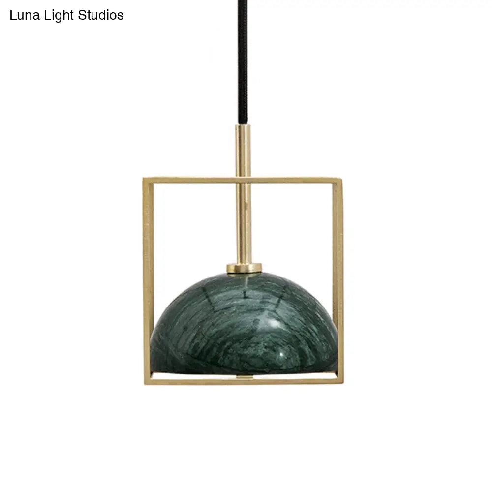 Stylish 1-Light Nordic Marble Pendant With Brass Square Frame