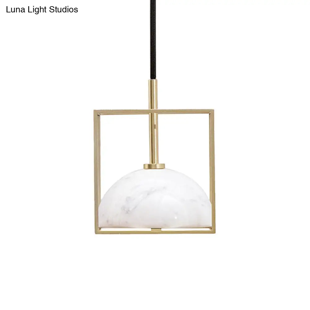 Stylish 1-Light Nordic Marble Pendant With Brass Square Frame