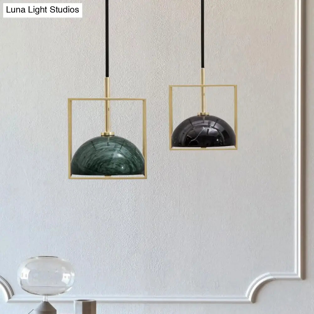 Stylish 1-Light Nordic Marble Pendant With Brass Square Frame Black