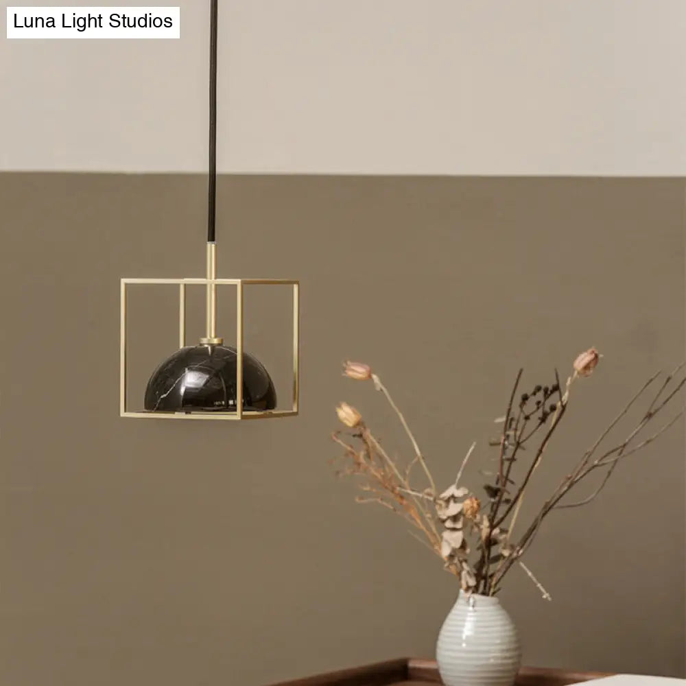 Stylish 1-Light Nordic Marble Pendant With Brass Square Frame