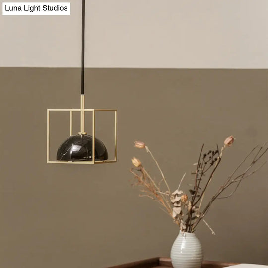 Stylish 1-Light Nordic Marble Pendant With Brass Square Frame