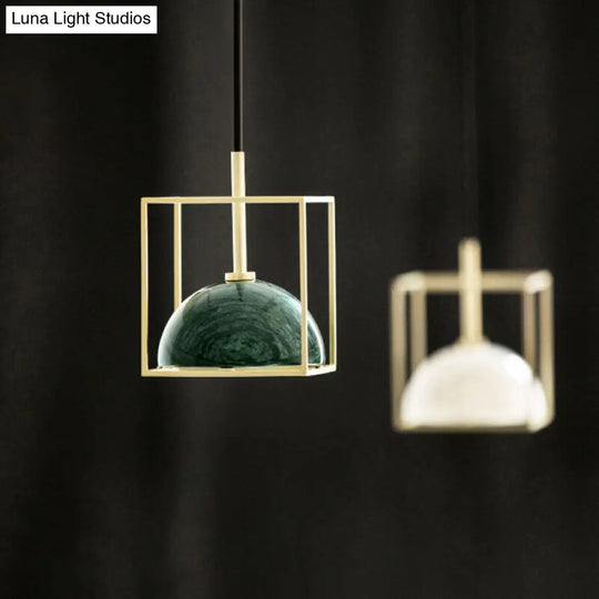 Stylish 1-Light Nordic Marble Pendant With Brass Square Frame