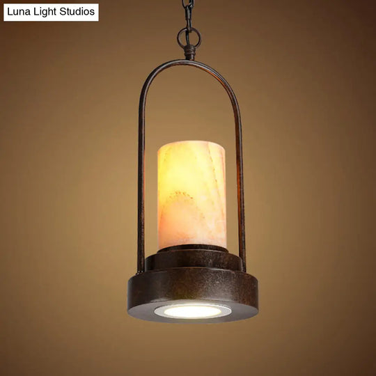 Rustic Marble Cylinder Pendant Lamp - 1-Bulb Hanging Light For Dining Room With Metal Ring Décor