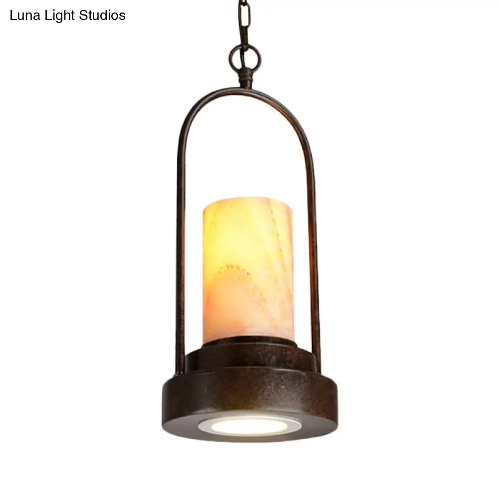 Rustic Marble Cylinder Pendant Lamp - 1-Bulb Hanging Light For Dining Room With Metal Ring Décor