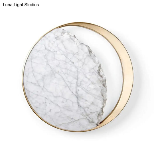 Marble Gold Led Wall Light With Moon Sconce Design And Metallic Ring - Elegant Bedside Fixture