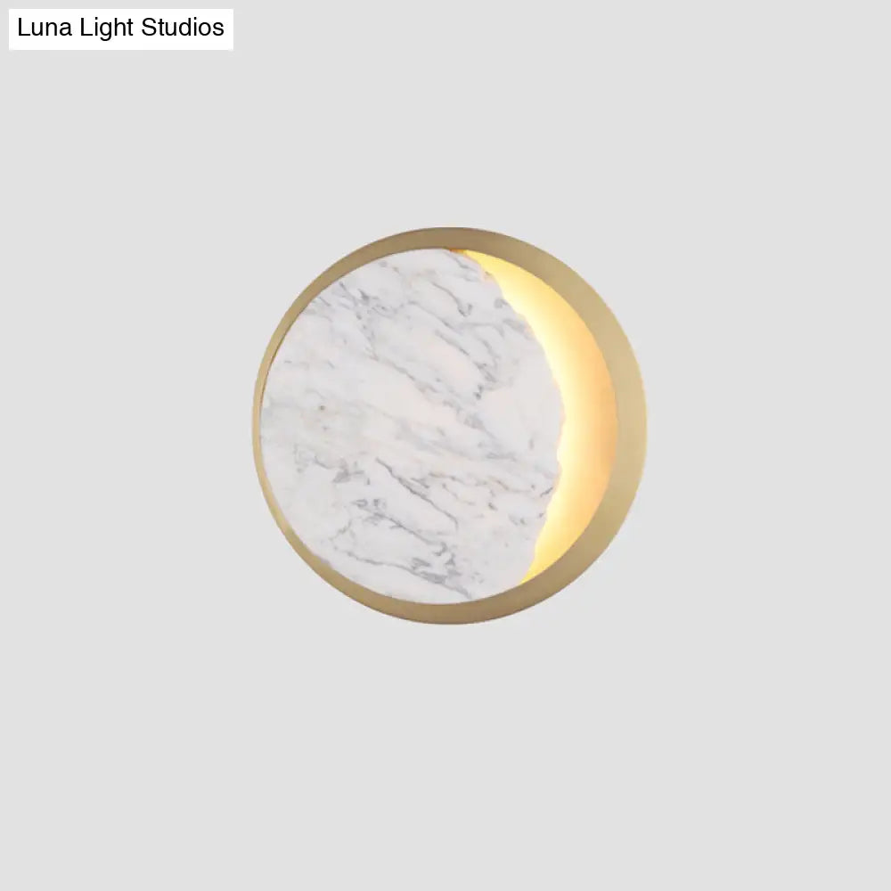 Marble Gold Led Wall Light With Moon Sconce Design And Metallic Ring - Elegant Bedside Fixture