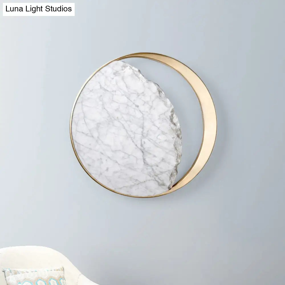 Marble Gold Led Wall Light With Moon Sconce Design And Metallic Ring - Elegant Bedside Fixture