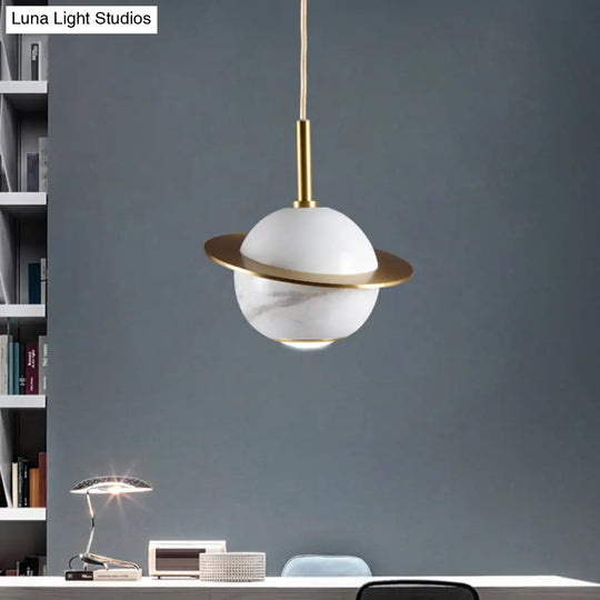 Marble Restaurant Pendant Lamp - Designer Globe Hanging Light With Led Brass Ring