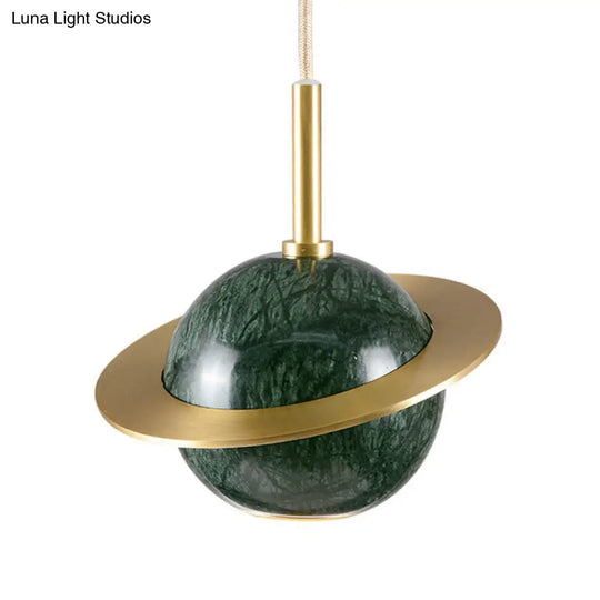 Designer Marble Pendant Lamp For Restaurants: Globe Hanging Light With Led Black/White/Green & Brass