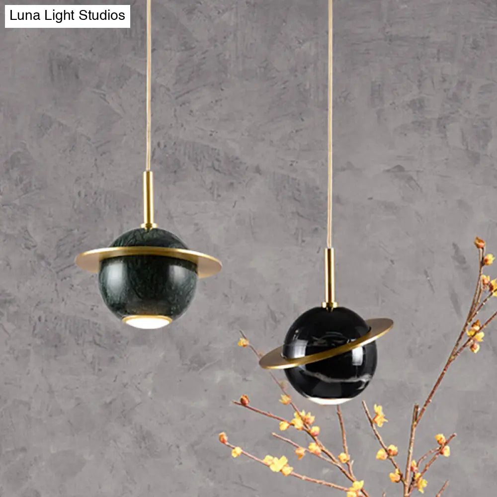 Designer Marble Pendant Lamp For Restaurants: Globe Hanging Light With Led Black/White/Green & Brass