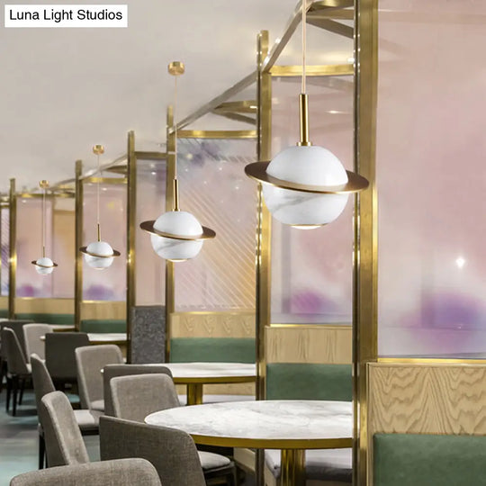 Marble Restaurant Pendant Lamp - Designer Globe Hanging Light With Led Brass Ring