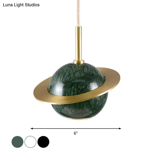 Marble Restaurant Pendant Lamp - Designer Globe Hanging Light With Led Brass Ring