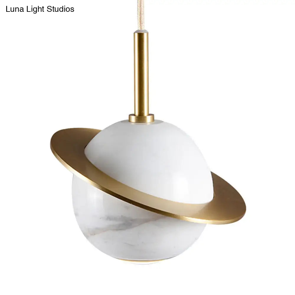 Marble Restaurant Pendant Lamp - Designer Globe Hanging Light With Led Brass Ring