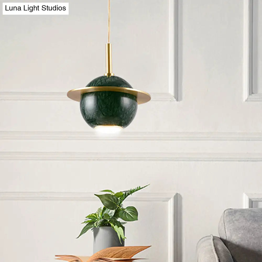 Designer Marble Pendant Lamp For Restaurants: Globe Hanging Light With Led Black/White/Green & Brass