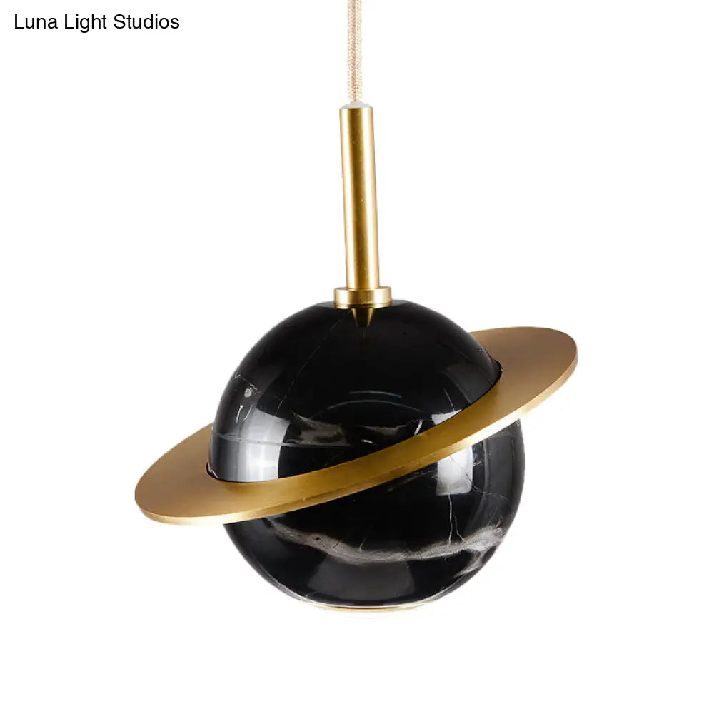 Designer Marble Pendant Lamp For Restaurants: Globe Hanging Light With Led Black/White/Green & Brass