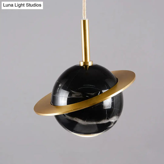 Marble Restaurant Pendant Lamp - Designer Globe Hanging Light With Led Brass Ring