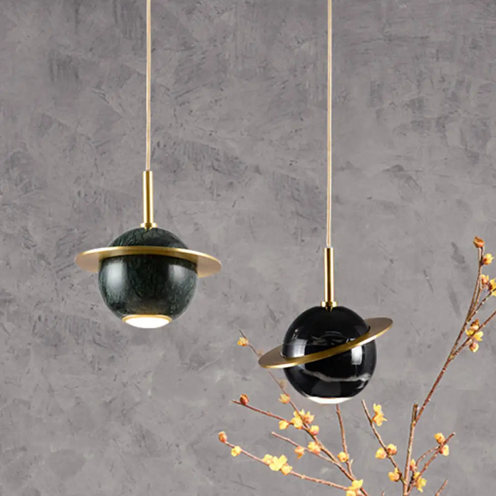 Marble Restaurant Pendant Lamp - Designer Globe Hanging Light With Led Brass Ring