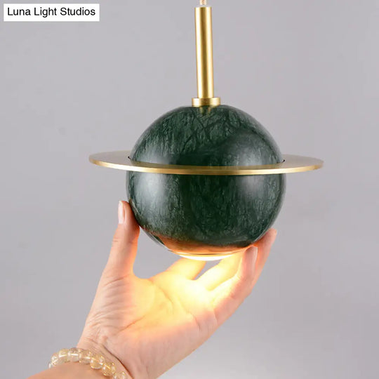 Designer Marble Pendant Lamp For Restaurants: Globe Hanging Light With Led Black/White/Green & Brass