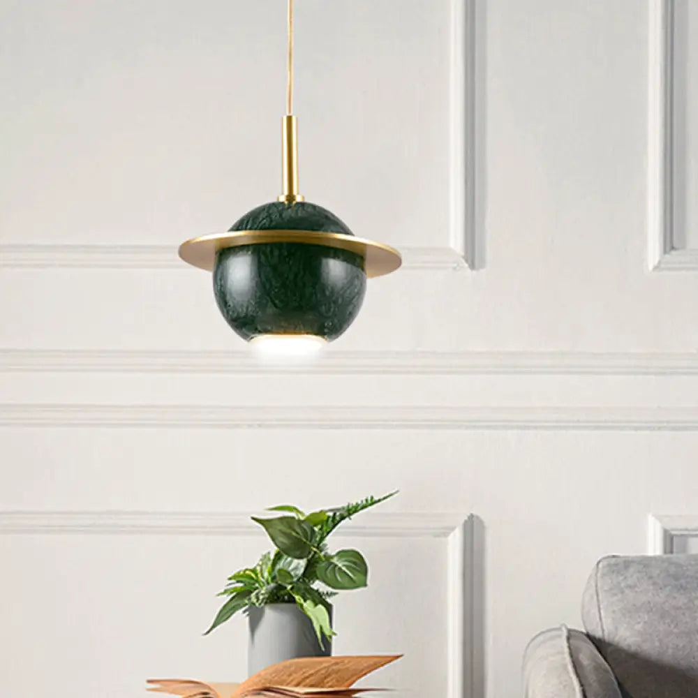 Marble Restaurant Pendant Lamp - Designer Globe Hanging Light With Led Brass Ring