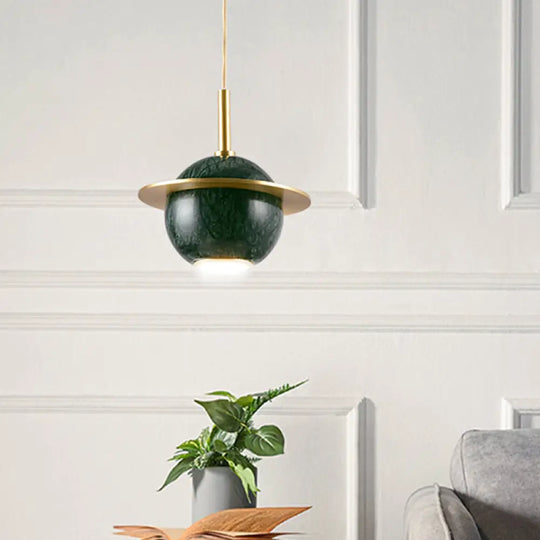 Marble Restaurant Pendant Lamp - Designer Globe Hanging Light With Led Brass Ring